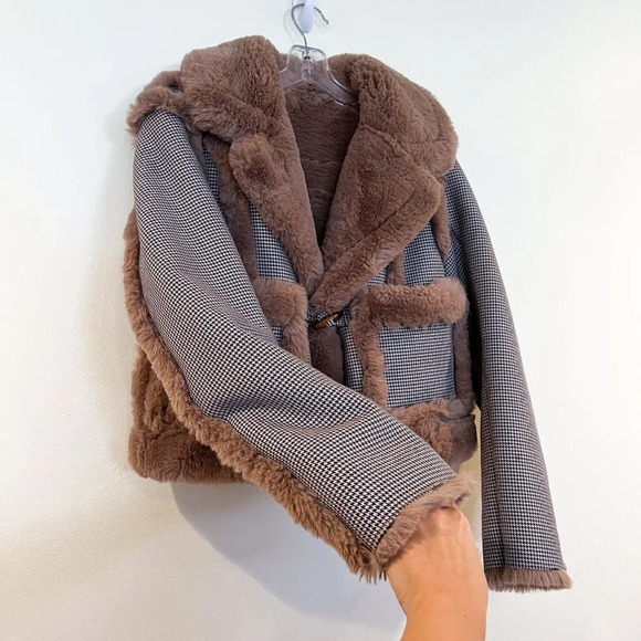 Opening Ceremony Reversible Faux Fur Houndstooth Short Preppy Classic Coat XS - Picture 4 of 10